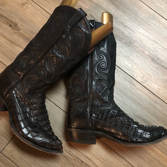 TONY LAMA MEN'S BLACK BELLY ANTIQUE SIGNATURE SERIES™ CAIMAN WESTERN BOOTS - Picture 3 of 12